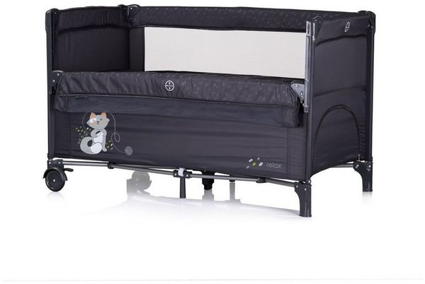 Chipolino Reisebett Relax 2 Ebenen, Vorderseite absenkbar, Seiteneingang, Tasche schwarz grau