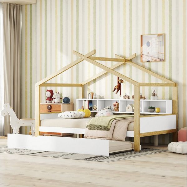 Flieks Kinderbett, Holzbett Hausbett 140x200cm mit Ausziehbett 90x180cm und Staufächer