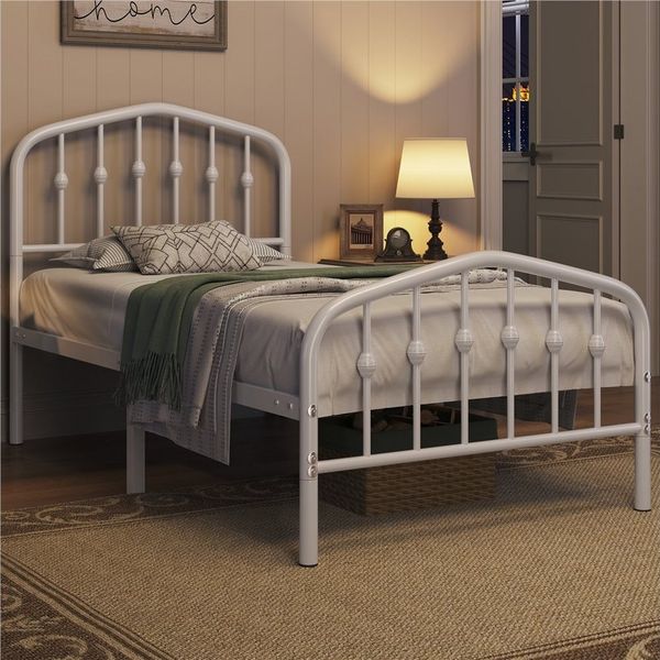 Yaheetech Metallbett mit kronenförmigem Kopfteil und Lattenrost, Weiß, 90x190 cm