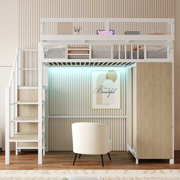 Merax Hochbett 90 × 200 cm Kinderbett, Jugendbett, Einzelbett, Mit Kleiderschrank, Sicherheitsleiter, LED-Beleuchtung und Schutzgittern Aus Netzgewebe Mit Abnehmbaren Regalen, Weiß