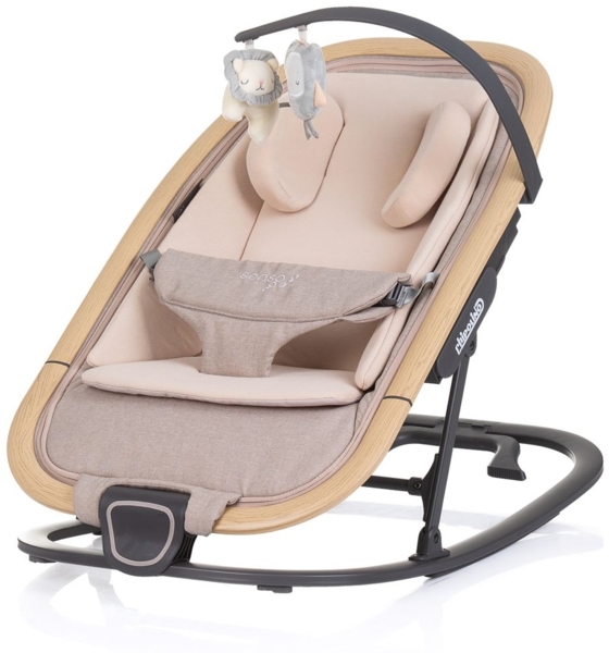 Chipolino Babywippe Senso Holzoptik Spielbogen Kopfstütze 3-Punkt-Gurt faltbar beige