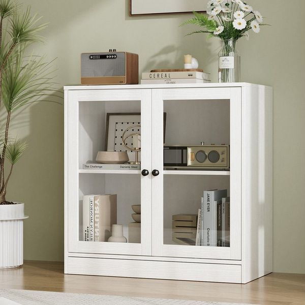VOWNER Sideboard mit 2 Glastüren – Buffetschrank, Küchenschrank mit Arbeitsplatte (1 St), Aufbewahrungsschrank für Wohnzimmer & Schlafzimmer