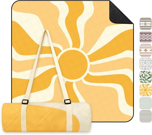 Sekey Picknickdecke Wasserdicht 200x200 cm Stranddecke Sandfrei geeignet für Picknick, Camping, Strand, Senfgelb - Retro Sonne