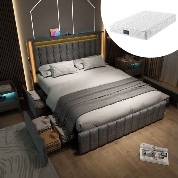 Polsterbett 160×200 cm aus Leinen-Stoff mit LED-Beleuchtung, 4 Schubladen & Matratze, grau