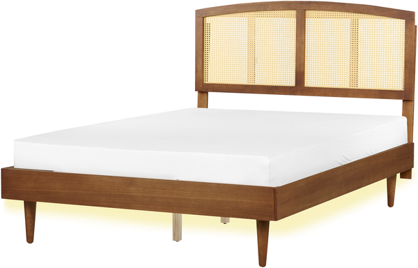 Bett mit LED VARZY 140 x 200 cm LED Rattan Heller Holzfarbton