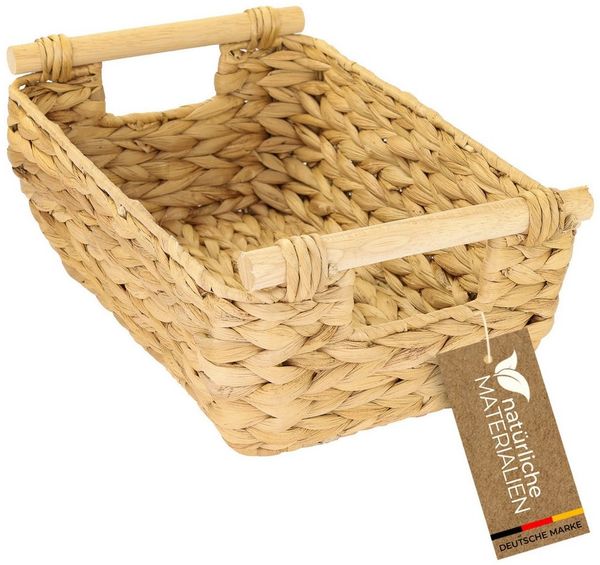 HMF Aufbewahrungskorb Aufbewahrungskorb geflochten aus Wasserhyazinthe, Korb mit Holzgriffen (1 St), Aufbewahrung für Badezimmer, Wohnzimmer, Küche 32 x 22 x 12 cm, Natur