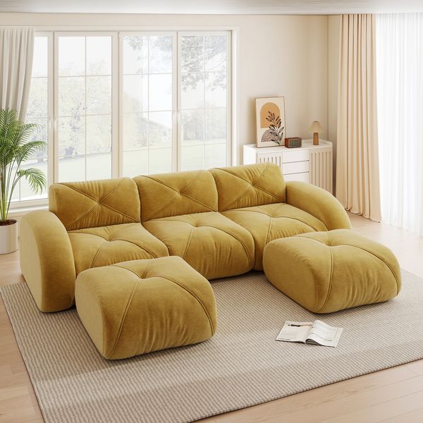 Flieks Modulares Sofa 3-Sitzer mit 2x Hocker, Cloud Sofa mit runden Armlehnen, Chenille weich, rahmenlos bodennah, Lounge Sofa, Gelb