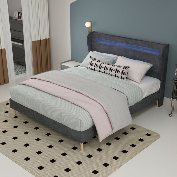 Flieks Polsterbett 140x200cm, Doppelbett mit LED-Kopfteil, Samt, Grau