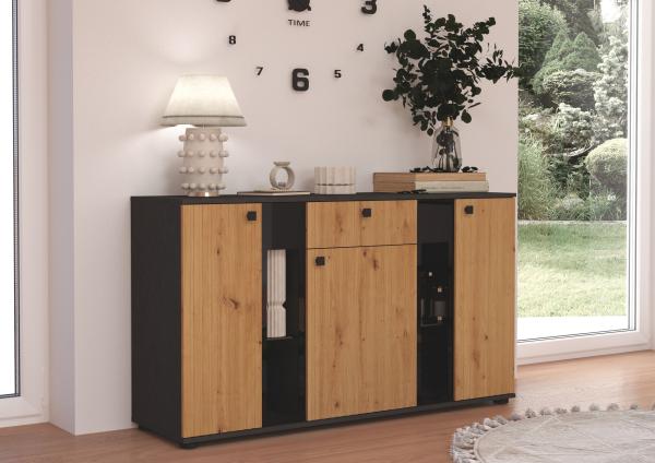 Kommode Salsa 2 Lamellenoptik Anbauwand Wohnwand Sideboard MDF Artisan + Grau