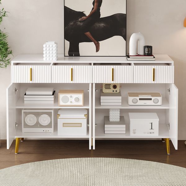 Sideboard 140x38x82 cm, weißes MDF mit Melamin, 4 Türen & 4 Schubladen, goldene Griffe und Beine