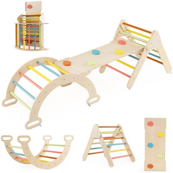 4 in 1 Kletterdreieck mit Rutsche & Kletterbogen & Doppelseitige Rampe Klettergerüst Macaron