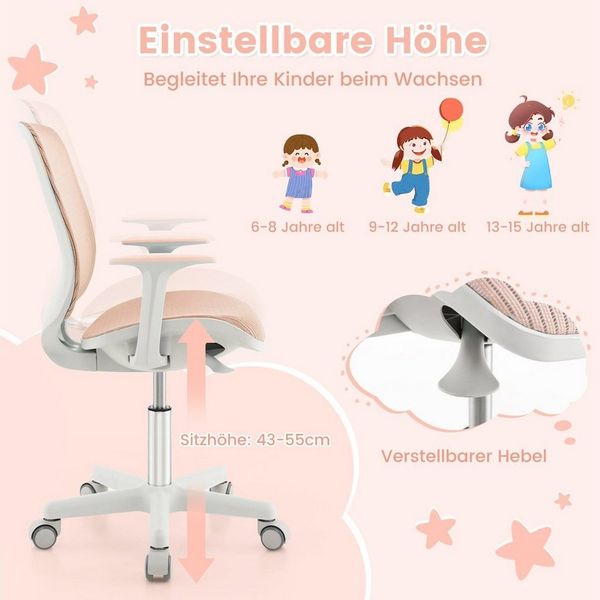 COSTWAY Drehstuhl Kinderstuhl, 43-55cm höhenverstellbar, mit Rollen 360° drehbar