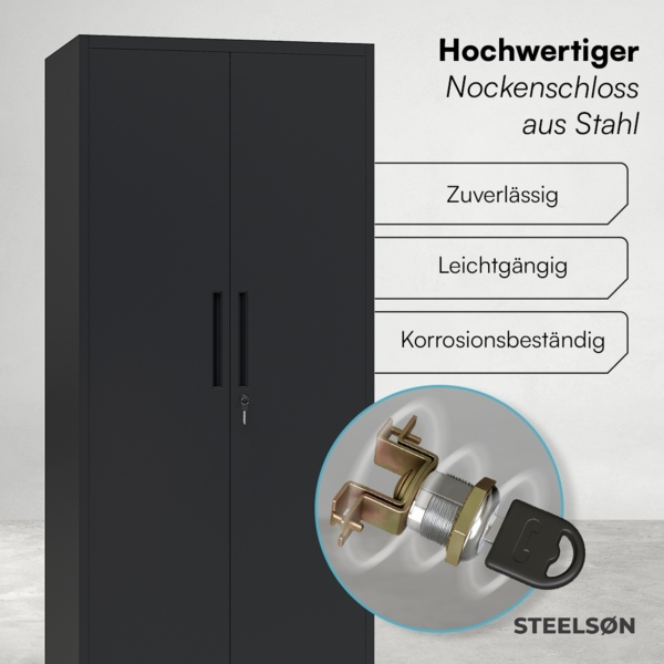 STEELSØN 'Regulus' Aktenschrank, Metall, schwarz, 165x40x80 cm, abschließbar, Metallschrank mit 4 Ablagen, geeignet als Werkzeugschrank Bild 6