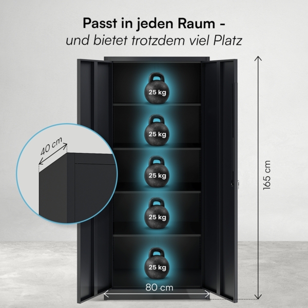 STEELSØN 'Regulus' Aktenschrank, Metall, schwarz, 165x40x80 cm, abschließbar, Metallschrank mit 4 Ablagen, geeignet als Werkzeugschrank Bild 9
