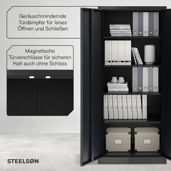 STEELSØN 'Regulus' Aktenschrank, Metall, schwarz, 165x40x80 cm, abschließbar, Metallschrank mit 4 Ablagen, geeignet als Werkzeugschrank Bild 5