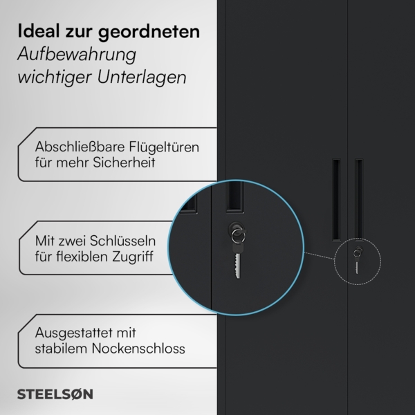 STEELSØN 'Regulus' Aktenschrank, Metall, schwarz, 165x40x80 cm, abschließbar, Metallschrank mit 4 Ablagen, geeignet als Werkzeugschrank Bild 4