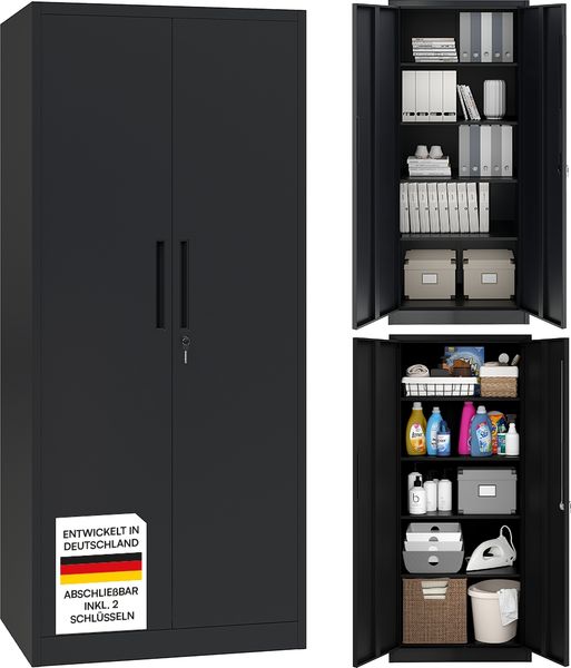 STEELSØN 'Regulus' Aktenschrank, Metall, schwarz, 165x40x80 cm, abschließbar, Metallschrank mit 5 Fächern, geeignet als Werkzeugschrank