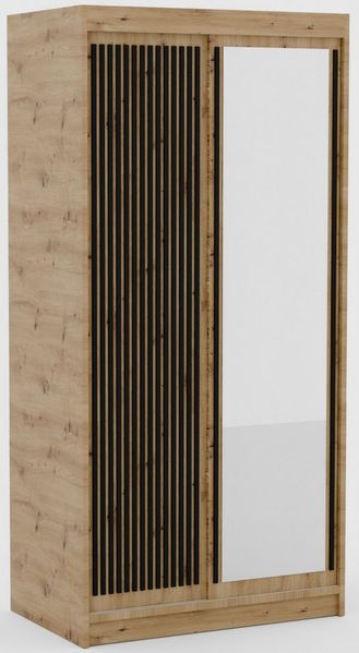 MOEBLO Schiebetürenschrank Orvena (mit Spiegel und dekorativer Holzlamellen-Front, Stilvoller Stauraum für Ihr Zuhause, Schwebetürenschrank 2-türig Schrank Garderobe Schiebtüren Schlafzimmer) (BxHxT): 100/120/160/180x205x60 cm