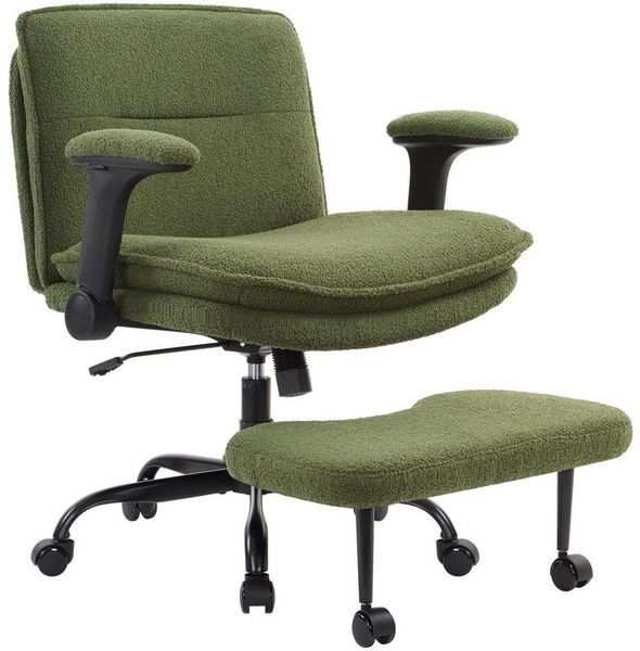 IWMH Bürostuhl mit Fußstütze (Ergonomisch Schreibtischstuhl mit klappbare Armlehnen), Höhenverstellbar ADHS Kniestuhl, Teddystoff Drehstuhl mit Rollen