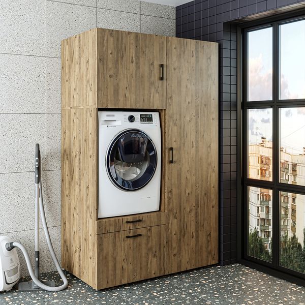Roomart Schrankwand mit Hochschrank – SERIE 2 - 127 cm breit, Badschrank & Mehrzweckschrank für Waschküche/Waschraum • Eiche