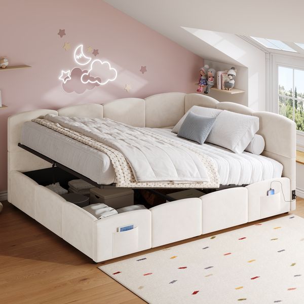 Merax Polsterbett, Kinderbett, Daybett, Stauraumbett, Schlafsofa 140x190 cm, mit Lattenrost, USB-Ladegerät, Stautasche, Jugendbett und Erwachsenen-Kinderbett,Samt, beige (ohne Matratze)