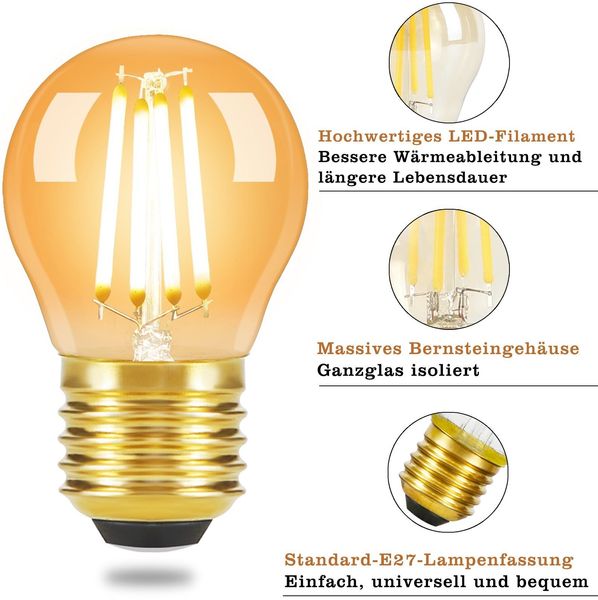 ZMH 6er-Pack E27 LED-Filamentlampen: G45 Vintage-Glühbirne, Edison-Retro-Glühbirne, Warmweiß 2700 K, Glühbirnen 4 W Bild 6