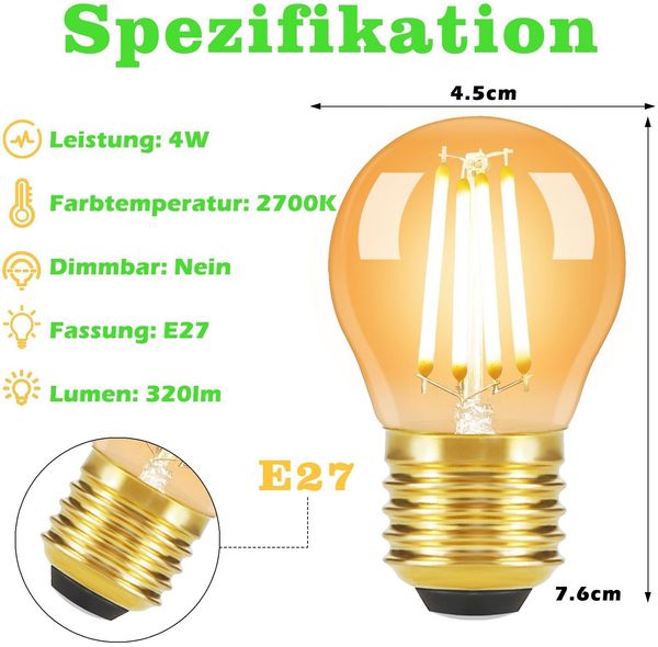 ZMH 6er-Pack E27 LED-Filamentlampen: G45 Vintage-Glühbirne, Edison-Retro-Glühbirne, Warmweiß 2700 K, Glühbirnen 4 W Bild 3