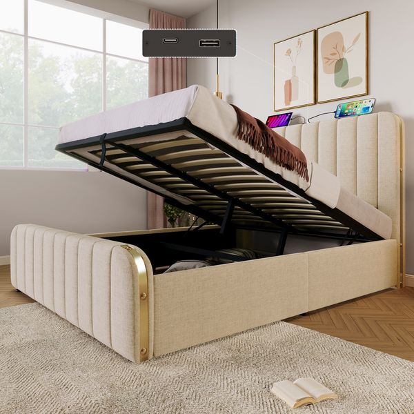 Polsterbett Doppeltes, gepolstertes Kopfteil mit goldenen Zierstreifen und ,USB Typ-C Ladefunktion 140*190 cm, Beige Leinen-Material Hydraulisches Lagerbett,Belastbarkeit 181 kg (Ohne Matratze)