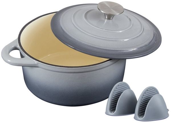 Zedelmaier Bräter Gusseisen Topf 22/24/26cm Incl. Silikon Topflappen Topfuntersetzer, (Set, 1 Pot mit 1 lid, 2 Ofenhandschuhe, 1 Topfuntersetzer), Backofengeeignet Induktionsgeeignet Zum Braten, Schmoren, Kochen