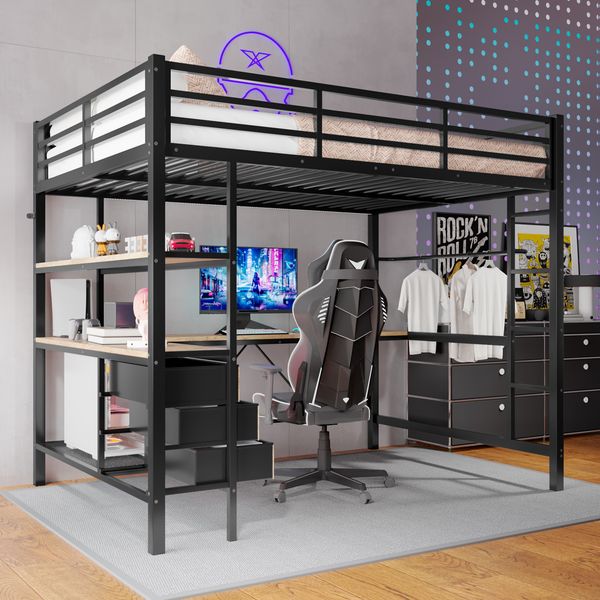Hochbett Liegefläche 140x200 cm aus Metall und MDF mit Schreibtisch, 3 Schubladen, Regal und Treppe, ohne Matratze