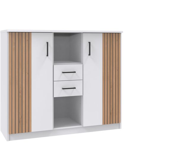 Highboard >Rügen< in WEISS + AKUSTIKLAMELLEN ARTISAN NB - 122x105x40cm (BxHxT)