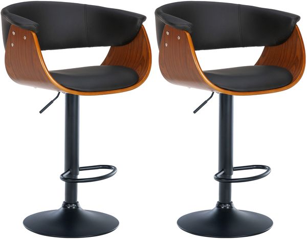 2er Set Barhocker BAKOT - Kunstleder Walnuss/schwarz 60x51x90 cm | Barstuhl Höhenverstellbar Mit Lehne Drehbar Tresenhocker Tresenstuhl Kneipenhocker
