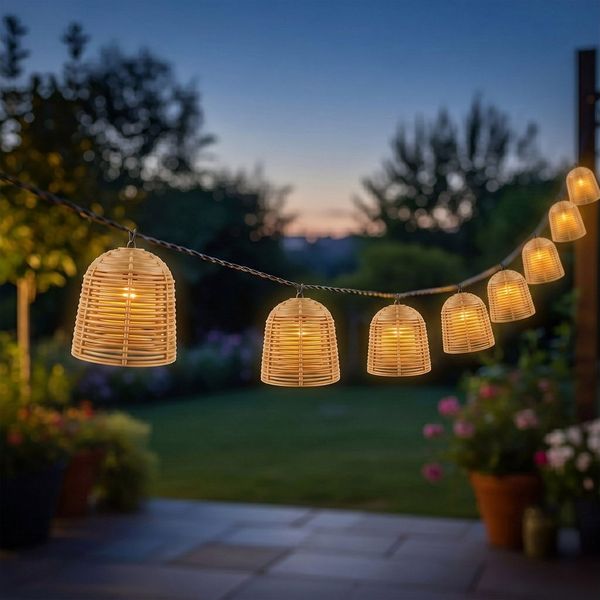 Spetebo LED-Lichterkette Solar mit 10 Lampions in Rattan Optik, 10-flammig, mit 7 Funktionen