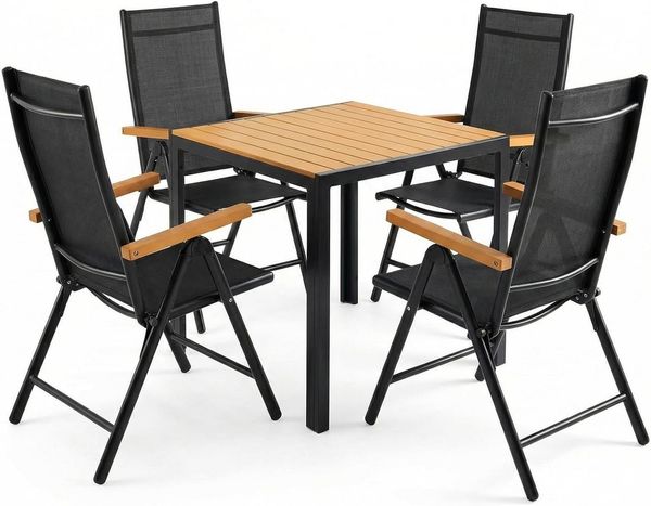 TLGREEN Garten-Essgruppe 3/5-Teiliges Gartenmöbel Set,Aluminium Balkonmöbel Set, (5-tlg, Verstellbare Hochlehner Klappstühle+WPC Quadratisch Tisch)