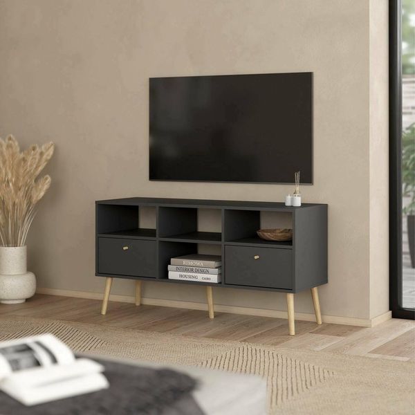 Dmora - Fernsehschrank Jolie, Ständer für Wohnzimmerfernseher, Niedriges Wohnzimmer-Sideboard, TV-Ständerbasis, 117x39 h61 cm, Grau