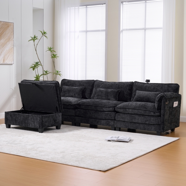 Modulares Sofa mit Memory-Foam, Chenille-Bezug, USB-Port, Seitentasche, Handyhalterung und Aufbewahrungs-Hocker,Schwarz