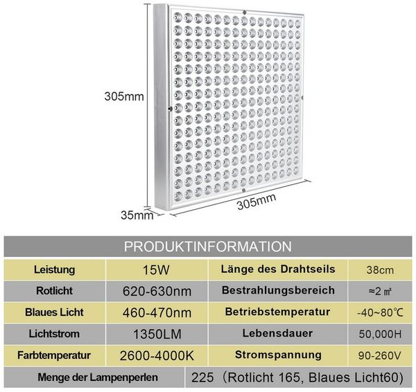 Clanmacy Pflanzenlampe LED Pflanzenlampe 15W Grow Lampe Vollspektrum 225 LEDs Pflanzenlicht