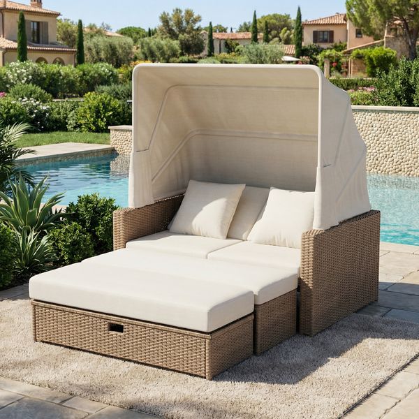 Merax Gartenliege, Gartenmöbel für 2-4 Personen, Gartensofa, Loungesofa, Verstellbarer Couchtisch, Abnehmbare Markise, PE-Rattan und Schwamm, Khaki