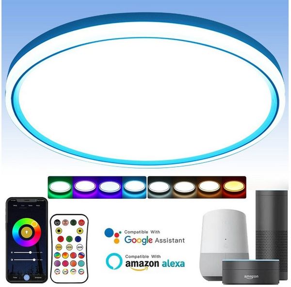 MUPOO LED Pendelleuchte LED Deckenleuchte RGB Pendelleuchte WIFI 30cm∅ LED Panel Dimmbar,Timer, 16 Millionen RGB, Bluetooth,Fernbedienung,mit Hintergrundbeleuchtung,Alexa & Google Home