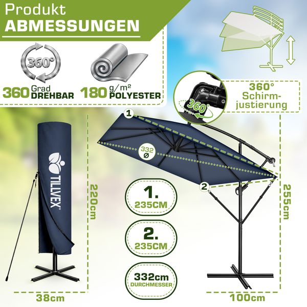 tillvex® Alu Sonnenschirm Rechteckig Ø 330 cm Navy-Blau + Abdeckung mit Kurbel | Ampelschirm Eckig mit Ständer & Windschutz | Gartenschirm UV-Schutz Aluminium | Kurbelschirm Marktschirm wasserdicht 360° drehbar Bild 2