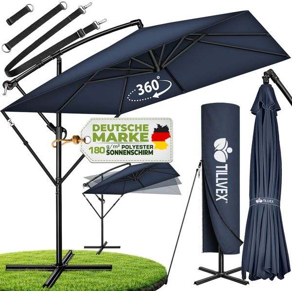 tillvex® Alu Sonnenschirm Rechteckig Ø 330 cm Navy-Blau + Abdeckung mit Kurbel | Ampelschirm Eckig mit Ständer & Windschutz | Gartenschirm UV-Schutz Aluminium | Kurbelschirm Marktschirm wasserdicht 360° drehbar