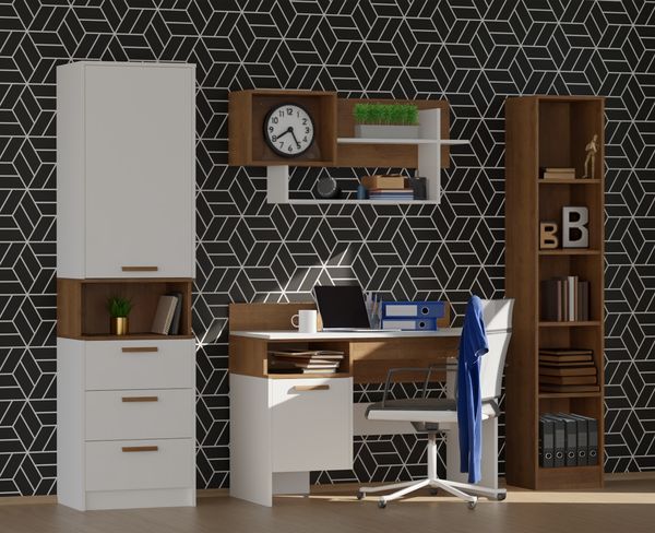 Marmex Möbel Grant Set-B Jugendzimmer Komplett-Set 4-teilig mit offenem Regal, Schreibtisch, Wandregal, geschlossenes Regal, Kinderzimmermöbel mit Schreibtisch, laminierte Spanplatte, Kleiderstange, weiß+riviera Eiche, 198x195x55 cm
