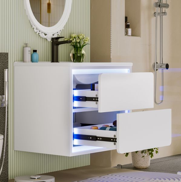 Waschtischunterschrank 60 x 46 x 50 cm mit Keramikbecken, wandhängend, lackiert, mit LED-Radarsensor und 2 Schubladen
