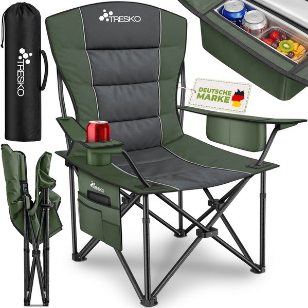 TRESKO® Campingstuhl Faltbar bis 200kg | Faltstuhl mit Kühltasche, Getränkehalter & Seitentasche | Klappstuhl XXL inkl. Tragetasche | Angelstuhl gepolstert für Outdoor, Angeln, Festival & Garten