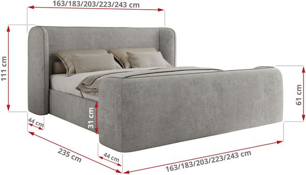 Polsterbett mit Lattenrost, Doppelbett für Schlafzimmer, Gepolstertes Kopfteil, Pocket matratze Härtegrad H3/H4 - EMORA CLASSIC DUO - 180 x 200 cm - Hellgrau Struktur - VIRE - LUX Bild 4