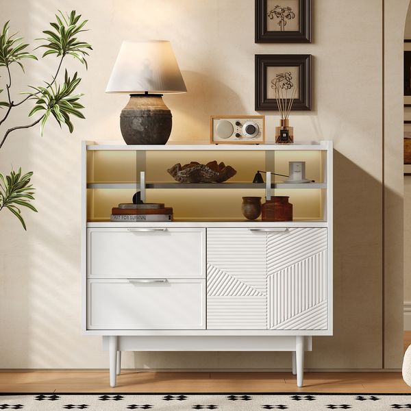 Flieks Sideboard 80x35x80 cm, Anrichte mit LED-Lichtleiste, Sideboard mit Glasschiebetüren, 2 Schubladen, Küchenschrank & Wohnzimmerschrank, Weiß