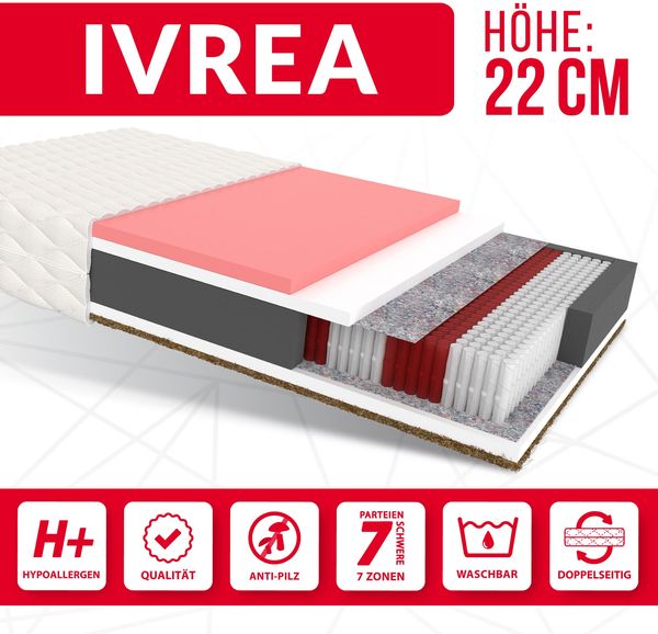 Matratze 180x200 Multipocket Taschenfederkern IVREA 7 Zonen H3 H5 22 cm Kokos Visco Polyurethanschaum Jersey Bild 2