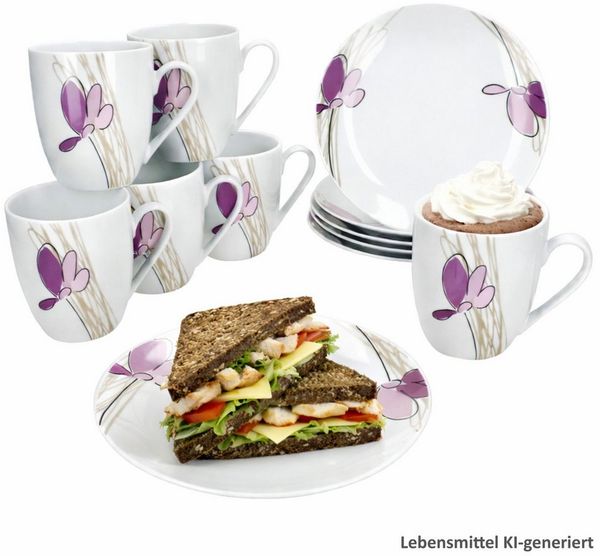 MamboCat Frühstücks-Geschirrset MamboCat Viola 12tlg Frühstücksset Porzellan Blume Kuchenteller Becher, Porzellan
