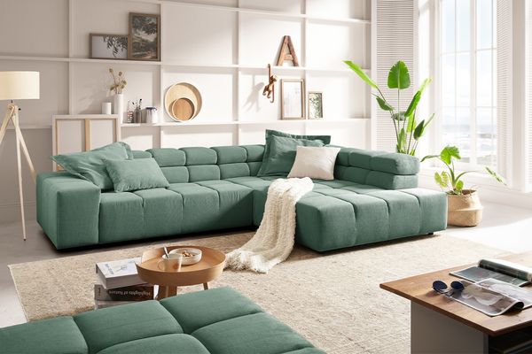 KAWOLA Sofa NEVADA Ecksofa Feincord grün Recamiere rechts 82 x 215 x 319 cm
