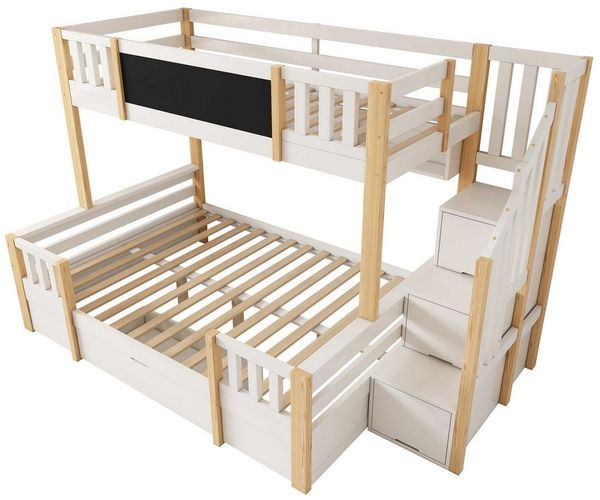 BlingBin Etagenbett Hochbett Stockbett Jugendbett (1-St, 90/140x200 cm, Massivholz & MDF, Weiß/Natur, ideal für Kinderzimmer), mit Kreidetafel, Stauraum-Treppe, 2 Schubladen und Leiterschrank